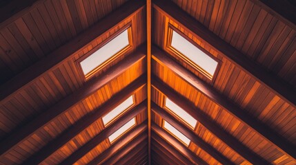 Wall Mural - Interior view of a wooden ceiling with skylight, showcasing architectural design and warmth.