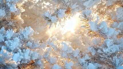 Wall Mural - Sunlight breaking through a snow-covered pine tree, creating a magical winter landscape.