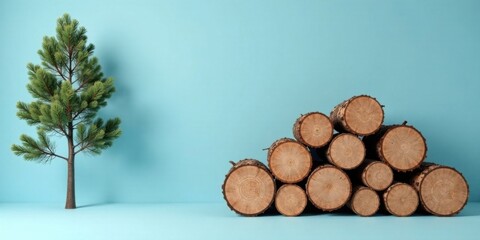 Poster - A single pine tree and a stack of wood logs against a light blue background