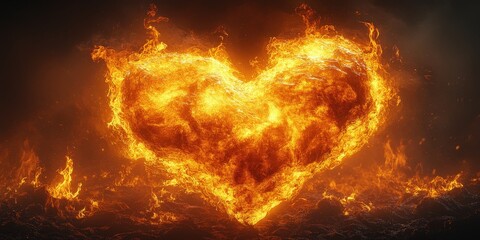 Poster - Heart shaped flames glowing brightly in a dark background creating a romantic and warm atmosphere valentine day