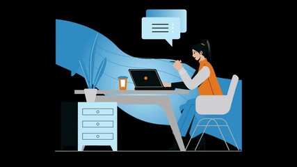 Poster - A woman sitting at a desk with a laptop, engaged in a conversation in a modern workspace.