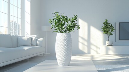 Poster - Modern minimalist living room with white sofa, plants, and sunlight.