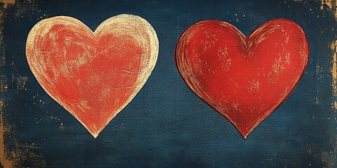Poster - Two red hearts placed on a textured blue background creating a simple romantic design valentine day