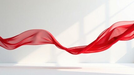 Poster - Crimson Fabric Swirling Gracefully in a Sunlit Room