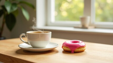 Aufkleber - A steaming cup of coffee and a pink iced donut on a light wood table next to a sunlit window
