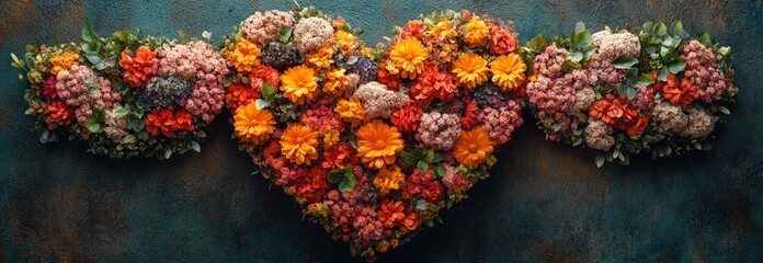 Poster - Heart shape created with colorful flowers on a solid blue background for decoration or design valentine day