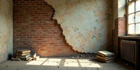 Aufkleber - A sunlit corner in a dilapidated room reveals aged brick and floral wallpaper, with stacks of old books resting on the dusty floor.