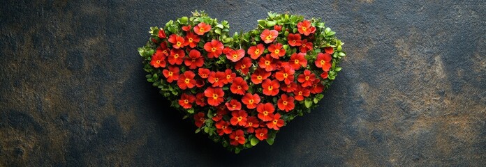Poster - Heart shaped arrangement of colorful flowers on a textured wall background for decoration and design valentine day