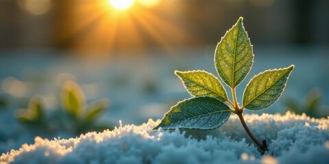 Poster - A resilient plant's leaves emerge from the snow, bathed in the warm glow of the setting sun