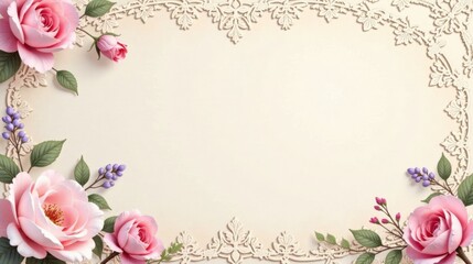 Aufkleber - Elegant Floral Frame with Delicate Lace Design and Pastel Roses
