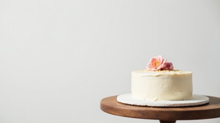 Poster - Elegant single-tiered vanilla cake adorned with delicate pink sugar flowers, resting on a rustic wooden cake stand against a minimalist white background