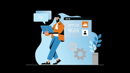 Aufkleber - A young Asian man using a tablet in a modern workspace with digital elements.