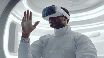 Wall Mural - Man in futuristic lab coat uses VR headset, interacting with virtual interface.