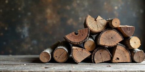 Poster - A rustic pile of neatly stacked firewood logs rests on a weathered wooden surface against a dark, textured background.