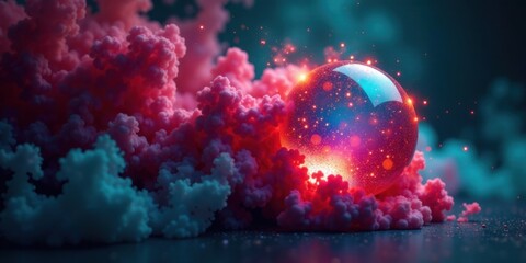 Poster - Luminous Orb Nestled Within a Cloud of Vibrant, Ethereal Pink and Teal Hues