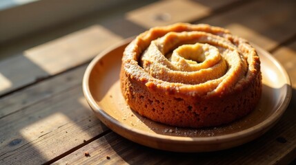 Poster - A golden-brown baked treat, a sweet swirl cake on a rustic wooden surface bathed in sunlight