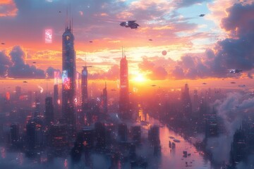Wall Mural - futuristic metropolis skyline with glass and steel skyscrapers reflecting sunset colors flying vehicles and holographic advertisements