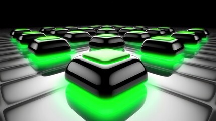 Wall Mural - Array of glossy black cubes with glowing green lights.