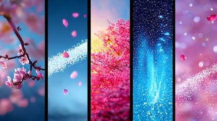 Poster - Beautifully Arranged Flat Lay Featuring Vibrant Blossom Petals, Sparkling Lights, and Colorful Backgrounds Creating a Captivating Visual Experience for Nature Lovers