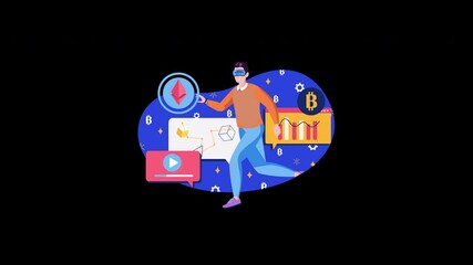 Poster - A person engaged in virtual reality with cryptocurrency icons and graphs, showcasing modern technology themes.