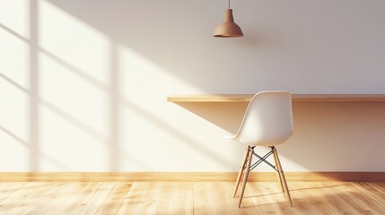 Wall Mural - Minimalist home office interior with wooden desk, white chair, and sunlight.