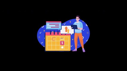Poster - A man with light skin interacts with a digital calendar and analytics on a tablet, representing business growth.