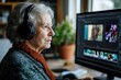 © PinkiePie - A senior woman learning video editing on a computer, headphones on