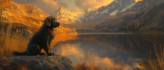 Wall Mural - Dog by mountain lake sunset. Autumnal landscape. Peaceful nature scene