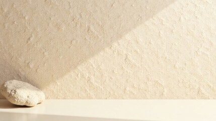 Leinwandbilder - Cream-colored textured wall background with a single light-colored stone resting on a white surface illuminated by sunlight