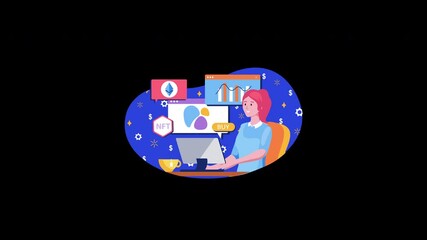Poster - A young woman analyzing digital data related to NFTs, depicted in a colorful flat design style.