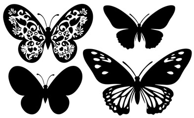 Poster - Set Butterfly Wings. Black butterflies silhouette vector on white background v7.