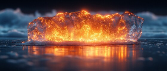 Wall Mural - Fiery ice chunk on frozen lake, dark clouds. Fantasy