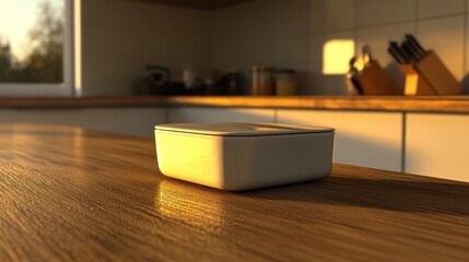 Wall Mural - White square container on wooden kitchen counter in warm sunlight.