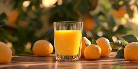 Sticker - Fresh orange juice glass, orchard background