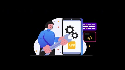 Poster - A person working on a smartphone app with gears, showcasing technology and development.