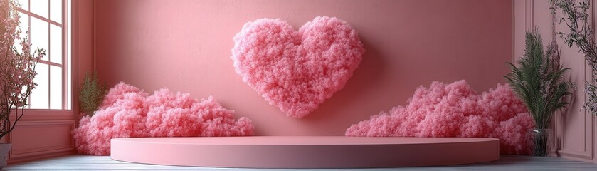 Poster - Pink room with heart shaped wall decoration and cozy furniture for a romantic atmosphere valentine day