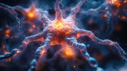 Poster - Glowing orange and blue cellular structures resembling neurons, representing a futuristic and abstract view of life sciences and biology
