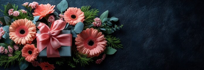 Wall Mural - Bouquet of assorted flowers wrapped with a pink ribbon on a wooden table background valentine day