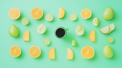 Sticker - Vibrant Fruit and Coffee Flatlay Green Background