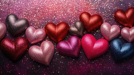 Poster - Group of red hearts arranged on a vibrant purple background for a romantic or artistic theme valentine day