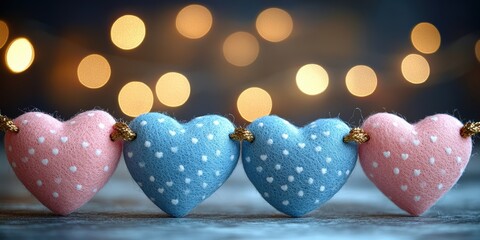 Poster - Three hearts with gold accents and blue designs on them arranged on a light background valentine day