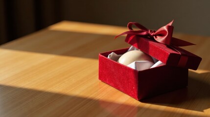 Poster - A single off-white orb rests inside a crimson velvet gift box adorned with a scarlet ribbon bow, sitting on a light wooden surface bathed in sunlight.