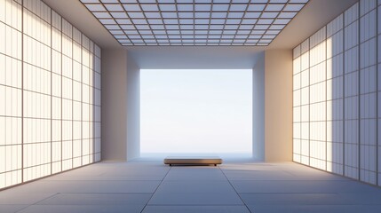 Aufkleber - Minimalist Japanese room with shoji screens, sunlight, and wooden bench.