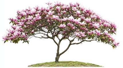 magnolia tree with pink flowers, white isolated background.