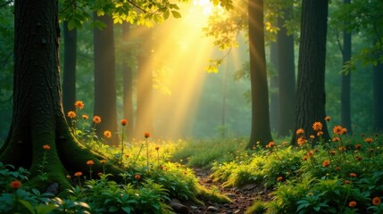 Poster - Golden sunlight streams through a mystical forest, illuminating a path edged with vibrant wildflowers and moss-covered ancient trees.