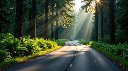 Poster - Serene morning sunbeams illuminate a winding road through a lush evergreen forest, creating a magical atmosphere