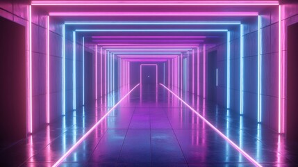 Poster - Neon Lights Corridor: Futuristic Purple and Blue Glowing Tunnel