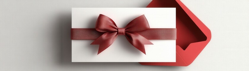 Poster - Red bow tied around a white greeting card on a simple background for festive occasions and celebrations valentine day