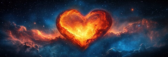 Poster - Heart shaped object located in the center of a colorful cosmic nebula with swirling gas and stars valentine day
