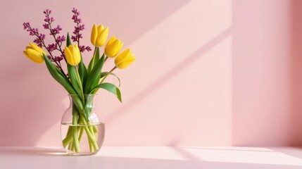Aufkleber - A Bouquet of Yellow Tulips and Purple Flowers in a Clear Glass Vase on a Pink Surface